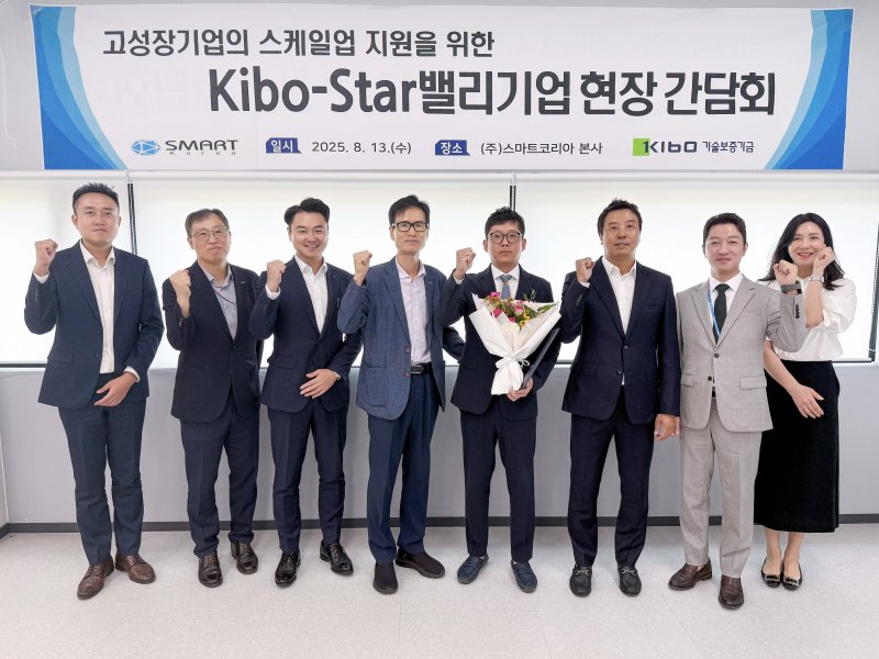 [서울=뉴시스] 정대영 기술보증기금(바카라사이트 총판 승리바카라) 충청지역본부장(왼쪽에서 네번째)을 포함한 바카라사이트 총판 승리바카라 직원들과 하나은행 지점장, 스마트코리아 대표이사 및 임직원이 지난 13일 현장 간담회를 마치고 기념촬영을 하고 있다. (사진=바카라사이트 총판 승리바카라 제공) 2025.08.14. photo@newsis.com *재판매 및 DB 금지