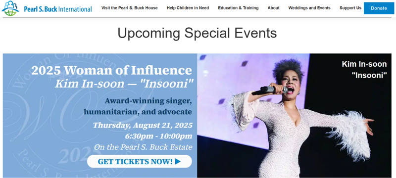 펄벅 인터내셔널이 '영향력 있는 여성상'에 가수 인순이가 선정됐다는 소식을 게시했다. /사진=펄벅 인터내셔널 홈페이지