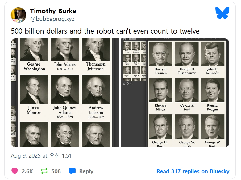 SNS에 게시된 GPT-5의 잘못된 결과물. 미국 건국 초기 대통령에 대한 표를 만들어 달라는 요청에 대통령들의 이름에 심각한 오타가 발견됐다. /사진=블루스카이 캡처