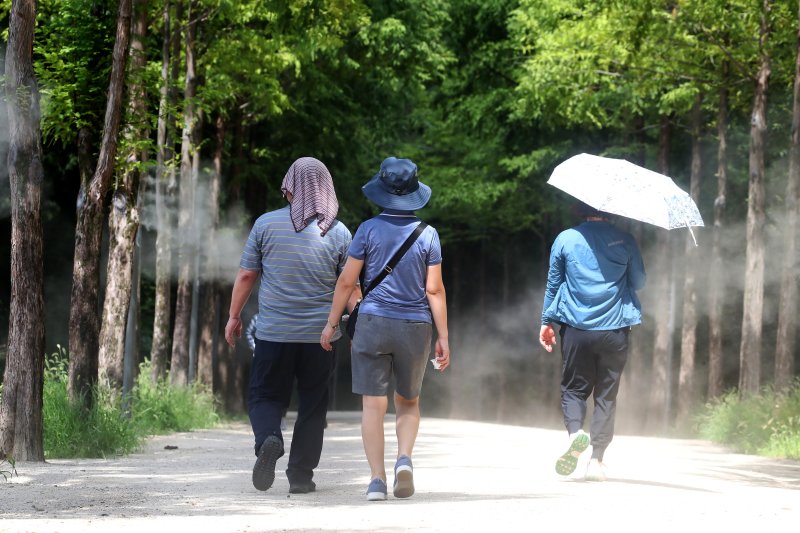 대구 남구 고산골 등산로에 쿨링포그가 가동돼 무더위에 지친 시민들의 더위를 식혀주고 있다. 2025.8.15/해외 바카라사이트1 ⓒ News1 공정식 기자