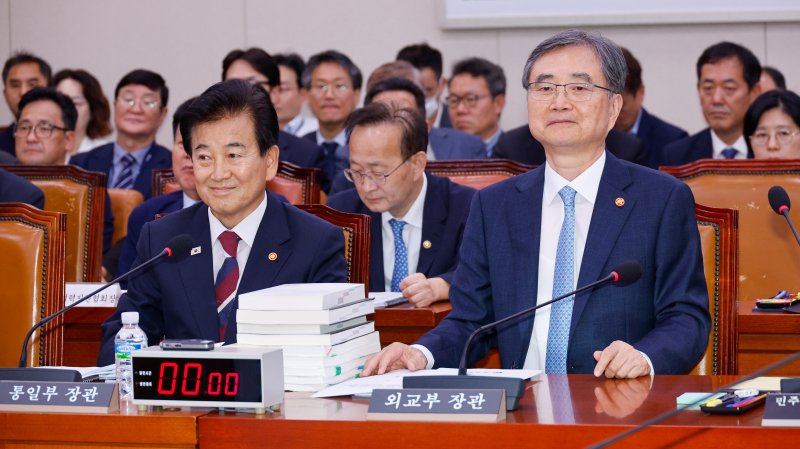 정동영 통일부 장관(왼쪽)과 조현 외교부 장관이 18일 오후 서울 여의도 국회에서 열린 외교통일위원회 제428회국회(임시회) 제1차 전체회의에 출석하고 있다. 뉴스1