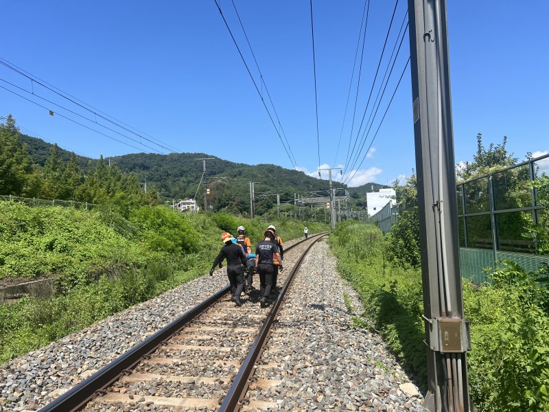 [청도=뉴시스] 19일 오전 10시52분께 경북 청도군 화양읍 삼신리 청도소싸움 경기장 인근에서 남성현∼청도역 구간을 운행하던 무궁화호 열차가 안전점검 중이던 작업자를 치는 사고가 발생했다. 당시 작업 인원은 7명이며 이중 2명이 사망, 4명은 중상, 1명이 경상을 입었다. (사진=청도소방서 제공) 2025.08.19. photo@newsis.com *재판매 및 DB 금지