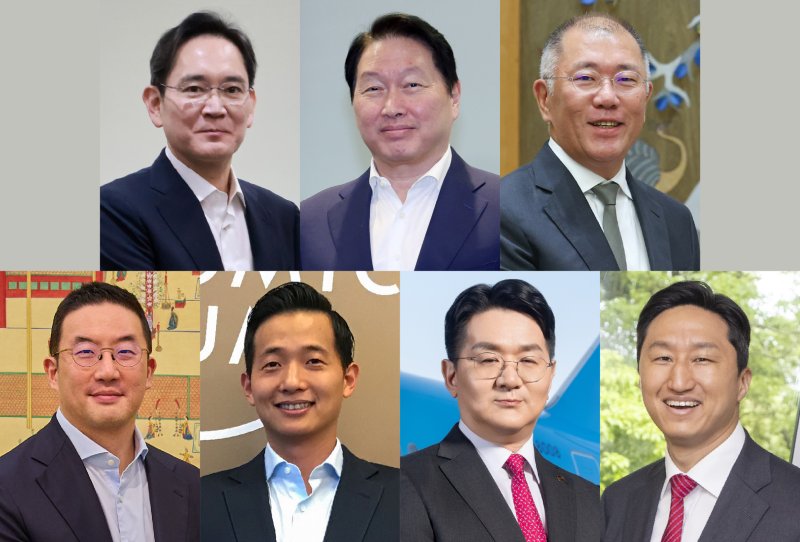 이재용 삼성전자 회장(왼쪽 맨위), 최태원 SK그룹 회장, 정의선 현대차그룹 회장, 구광모 LG그룹 회장, 김동관 한화그룹 부회장, 조원태 한진그룹 회장, 정기선 HD현대 수석부회장.