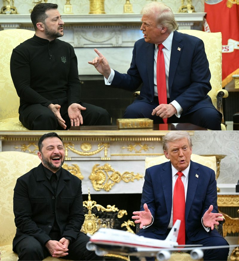 미국의 도널드 트럼프 대통령(오른쪽)과 우크라이나의 볼로디미르 젤렌스키 대통령이 지난 2월 28일 미국 워싱턴DC 백악관에서 대화하는 사진(위쪽)과 같은 장소에서 이달 18일 다시 열린 양자 회담 사진.AFP연합뉴스