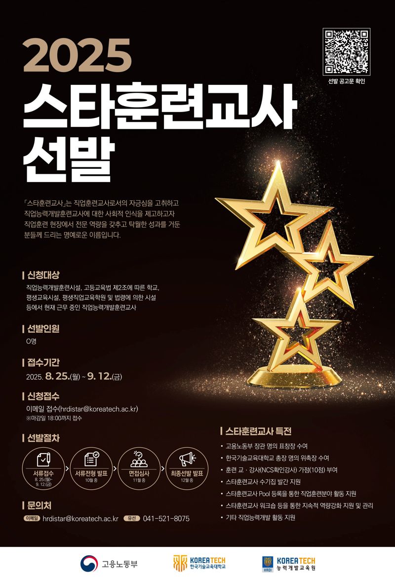 한국기술교육대학교 2025년 스타훈련교사 모집 포스터. 한국기술교육대학교 제공