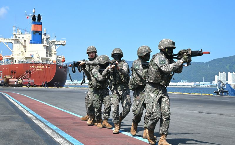 육군은 '25년 UFS/TIGER의 일환으로 20일, 울산항 5부두 일대에서 '울산항 통합방호훈련'을 실시했다. 이번 훈련은 민·관·군·경·소방 등 통합방위요소 간의 유기적인 협조체계 강화와 국가중요시설 방호능력 향상을 위해 계획되었다. 사진은 53사단 기동타격대 장병들이 울산항 일대에 침투한 적 특수작전부대를 제압하는 모습. 육군 제공