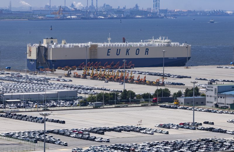 [평택=뉴시스] 김근수 기자 = 미국의 ‘트럼프표 상호관세’가 발효된 7일 경기 평택항 부두 야적장에 수출용 차량들이 놓여 있다.2025.08.07. ks@newsis.com