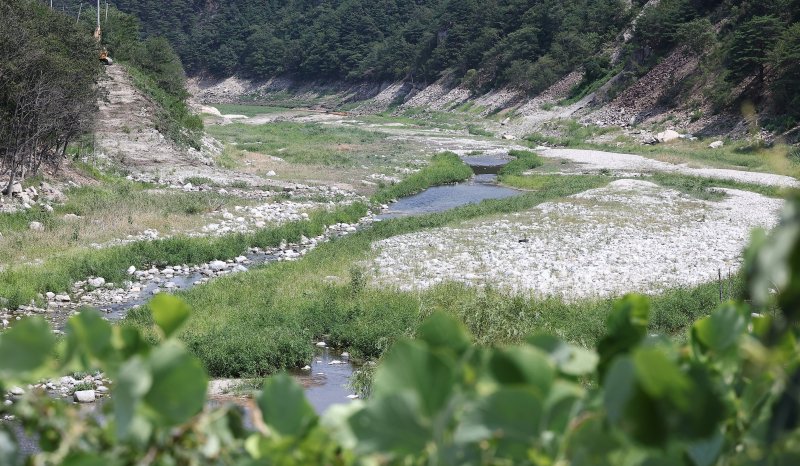 24일 강원 강릉시 주요 상수원인 오봉저수지와 일대 하천의 바닥이 드러나 있다. 2025.8.24/뉴스1 ⓒ News1 김성진 기자