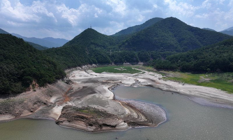 24일 강원 강릉시 주요 상수원인 오봉저수지와 일대 하천의 바닥이 드러나 있다. 2025.8.24/뉴스1 ⓒ News1 김성진 기자