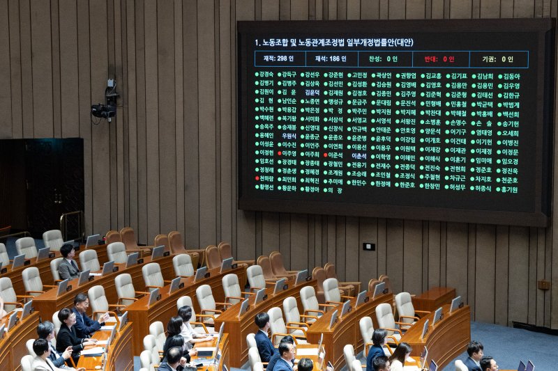 김영훈 고용노동부 장관이 24일 서울 여의도 국회에서 열린 제428회 국회(임시회) 제2차 본회의에서 노동조합 및 노동관계조정법 일부개정법률안(대안) 투표를 지켜보고 있다. 바카라 게임 사이트1