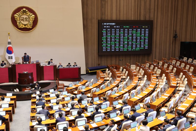 국회는 25일 본회의를 열어 '더 센 상법'으로 불리는 2차 상법 개정안을 통과시켰다. 지난 7월 3일 본회의를 통과한 상법 개정안에 이은 추가 개정안이다. 더불어민주당 주도로 국회 문턱을 넘은 2차 상법 개정안은 재석의원 182명 가운데 180명이 찬성했다. 국민의힘은 표결을 거부했다. 연합뉴스