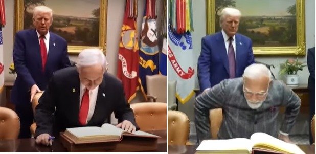 트럼프 대통령이 베냐민 네타냐후 이스라엘 총리와 나렌드라 모디 인도 총리의 의자를 밀어주는 모습. (유튜브 캡처)