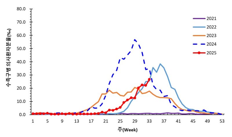 [세종=뉴시스] 주별 수족구병 (의사)환자 분율.(사진=질병관리청) *재판매 및 DB 금지