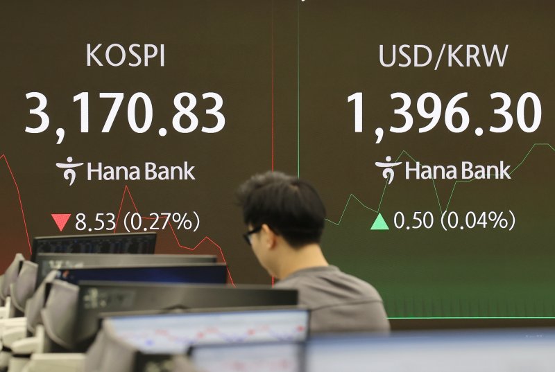 27일 서울 중구 하나은행 본점 딜링룸에서 직원들이 업무를 보고 있다. 연합뉴스 제공
