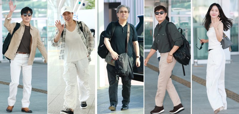 배우 박희순(왼쪽부터)과 염혜란, 박찬욱 감독, 이병헌, 손예진이 베니스국제영화제 참석을 위해 27일 오전 인천국제공항에 도착해 출국장으로 이동하고 있다. 뉴스1