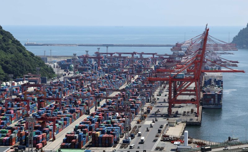 부산 남구 신선대부두에서 수출입 컨테이너 선적 및 하역작업이 진행되고 있다. 뉴시스