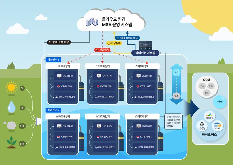 국립호남권생물자원관과 소프트웨어 개발업체 엔엠플러스가 사물인터넷(IoT)을 활용해 구축한 미세조류 대량배양 자동화 시스템 개념도. /사진=엔엠플러스 제공