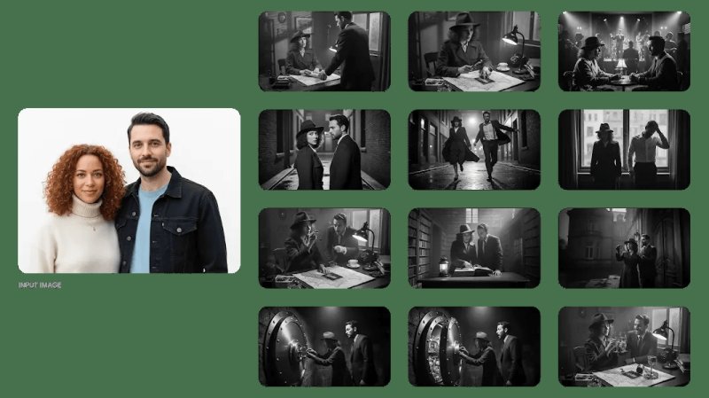 프롬프트-이 두 캐릭터가 등장하는 고전 흑백 필름 누아르 탐정 이야기로, 중독성 있게 흥미로운 12부작 이야기와 12개의 이미지를 만들어 주세요. 잃어버린 보물을 찾는 내용으로, 단서를 하나씩 발견하고 마지막에 보물을 찾게 됩니다. 이야기는 감정적 고저를 포함해 긴장감 넘치며, 마지막에는 큰 반전과 감동적인 결말로 끝나야 합니다. 이미지에는 글자나 텍스트를 포함하지 않고, 순수하게 시각적 요소만으로 이야기를 전달해 주세요.(구글 제공)