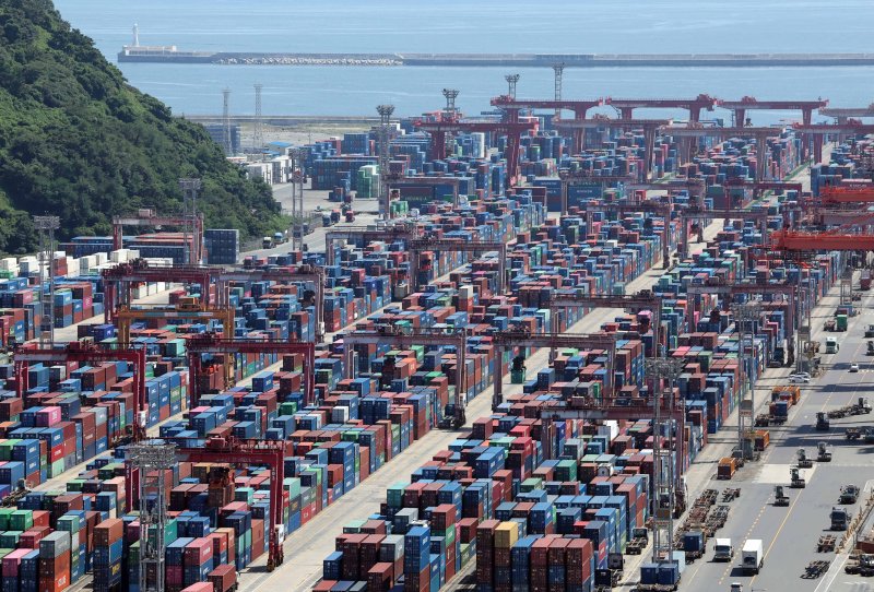 [부산=뉴시스] 하경민 기자 = 지난 1~20일 수출은 전년 동기 대비 7.6%(25억1000만 달러) 증가한 355억 달러, 수입 0.4% 증가한 347억 달러로 집계됐다고 관세청은 21일 밝혔다. 이날 부산 남구 신선대부두 야적장에 수출입 컨테이너가 쌓여 있다. 2025.08.21. yulnetphoto@newsis.com