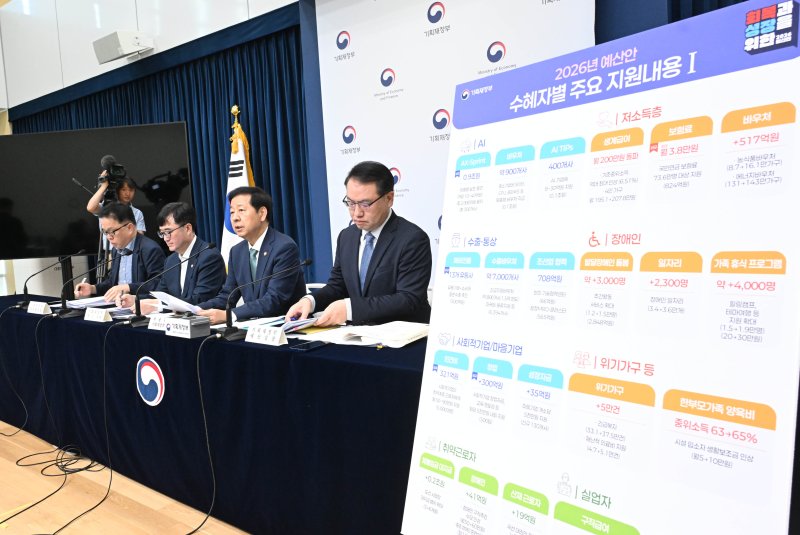 [세종=뉴시스] 구윤철 경제부총리 겸 기획재정부 장관이 28일 정부세종청사에서 중앙동에서 열린 '2026년 예산안 및 '25~'29년 국가재정운용계획' 상세브리핑에서 발언하고 있다. 왼쪽부터 안상렬 기재부 재정관리관, 임기근 기재부 2차관, 구윤철 부총리, 유병서 기재부 예산실장. (사진 = 기재부 제공) 2025.08.29.