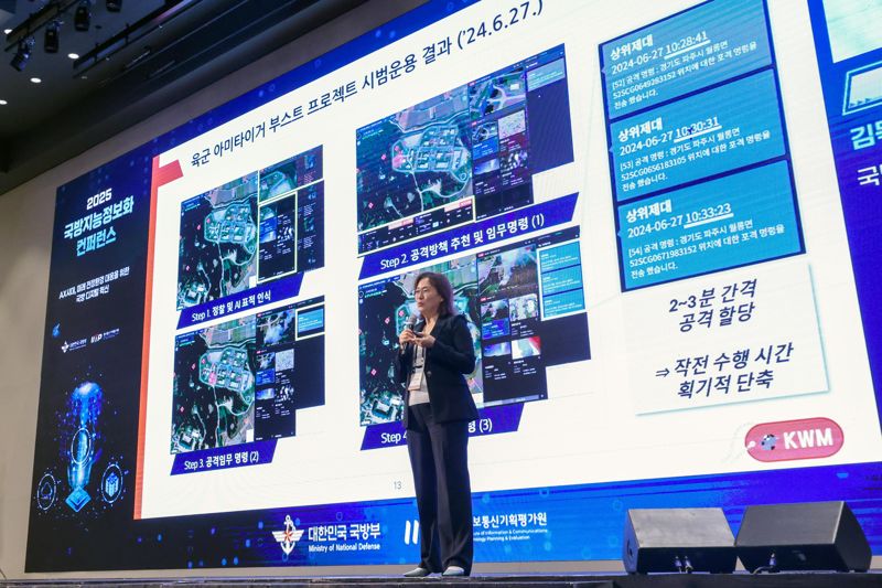 3일 국방지능정보화콘퍼런스 세미나 세션에서 업체 관계자가 AX시대 데이터클라우드 정책 및 제도발전 방향과 첨단 디지털 기술의 국방 활용 방안에 대해 발표 중이다. 국방부 제공