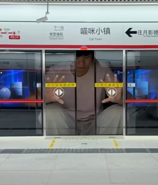 중국의 인플루언서 싱즈레이가 자신의 유튜브 채널에 '고양이들을 위해 서브웨이를 만들었다'는 제목으로 올린 영상. 싱즈레이가 지하철 안전문을 점검하고 있다. /사진=유튜브 'Xing's world' 캡처