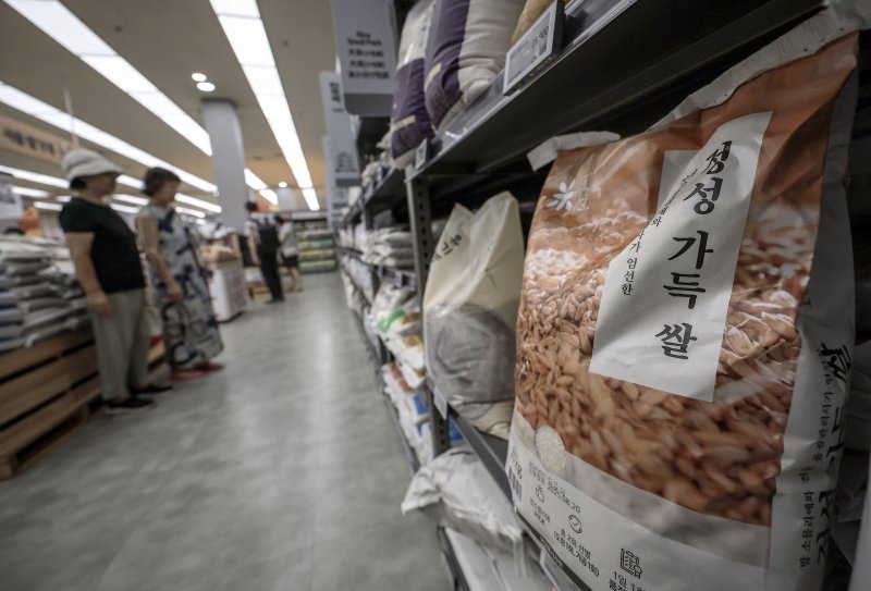 [서울=뉴시스] 정병혁 기자 = 5일 서울시내 한 대형마트를 찾은 시민들이 쌀 제품을 살펴보고 있다.농림축산식품부는 쌀 소비자 가격이 급등하자 할인 지원을 20㎏당 3000원에서 5000원으로 늘리기로 했다. 이어서 쌀가공식품업체들의 원료곡 부족 해소를 위해 정부관리양곡 중 가공용 쌀 5만톤 범위에서 추가 공급하기로 했다. 2025.09.05. jhope@newsis.com