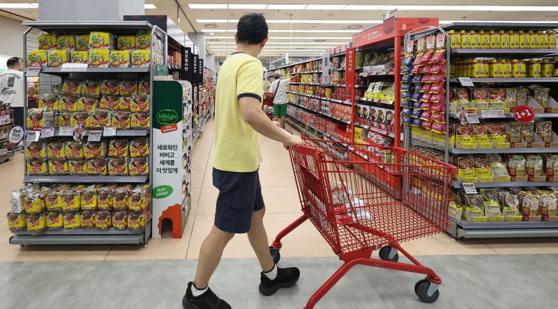 [서울=뉴시스] 김선웅 기자 = 8월 소비자물가 상승률 9개월 만에 최저치를 기록했다. 통계청 8월 소비자물가동향에 따르면 지난달 소비자물가지수는 116.45로 지난해 동월 대비 1.7% 상승해 작년 11월(1.5%) 이후 9개월 만에 가장 낮은 수준을 보였다. 석유류 가격이 낮은 수준을 유지하고 SK텔레콤이 통신요금을 큰 폭으로 할인한 영향이지만 농축수산물 가격은 작년 7월(5.5%) 이후 13개월 만에 가장 큰 폭으로 올랐다. 2일 서울 소재 유통매장에서 소비자들이 쇼핑을 하고 있다. 2025.09.02. mangusta@new