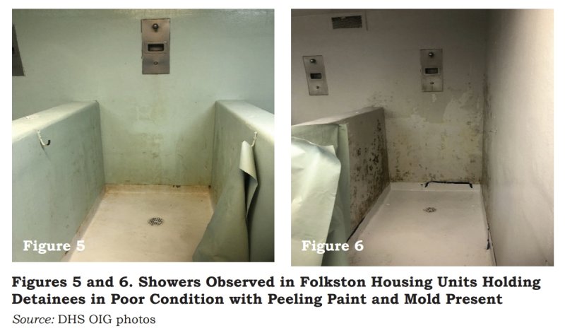 미국 이민 당국에 체포된 한국인 300여명 중 대부분이 수감된 미국 조지아주 포크스턴의 이민세관단속국(ICE) 시설의 샤워장. 이 사진은 2021년 11월 진행된 미국 국토안보부(DHS)의 감사 당시 촬영됐다. 연합뉴스