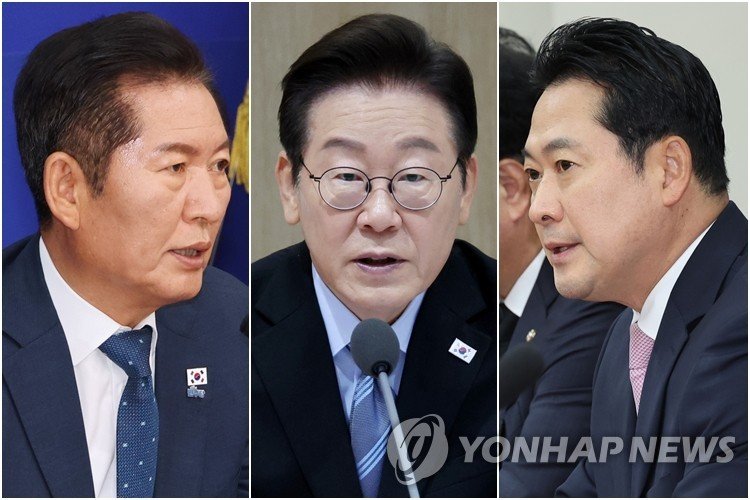 이재명 바카라사이트 신고(가운데)과 여야 대표 (출처=연합뉴스)