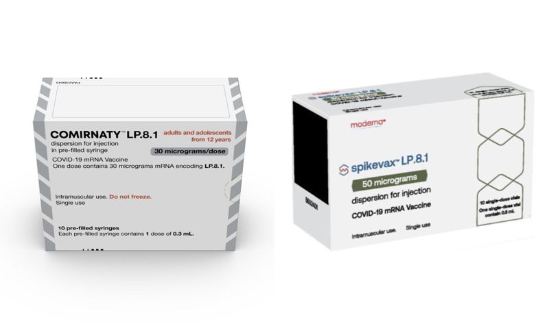 한국화이자제약 '코미나티 엘피에이트원프리필드시린지'(왼쪽)·모더나코리아 '스파이크박스엘피주'. 한국화이자제약·모더나코리아 제공