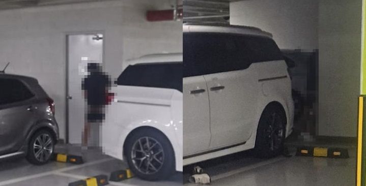 서울 강서구 모 아파트 지하주차장에서 한 남성이 노상방뇨를 하는 모습. 출처=온라인 커뮤니티 ‘보배드림’ 갈무리