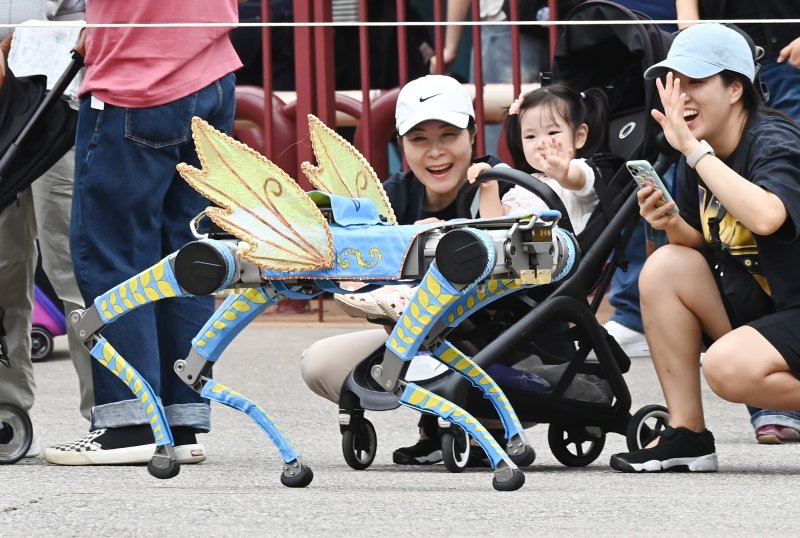 [용인=뉴시스] 김종택 기자 = 9일 경기 용인시 에버랜드에서 열린 '스마일리 펌킨 퍼레이드'에서 국내 최초로 인공지능(AI) 보행 기능을 탑재한 4족보행 로봇이 음악에 맞춰 퍼포먼스를 선보이고 있다. 4족보행 로봇은 레인보우로보틱스의 'RBQ 시리즈'로, 시각정보 없이도 AI 보행만으로 계단, 경사로 등을 안정적으로 걸을 수 있고 물구나무서기, 옆발 서기 같은 고난도 동작을 구현할 수 있다. 2025.09.09. jtk@newsis.com