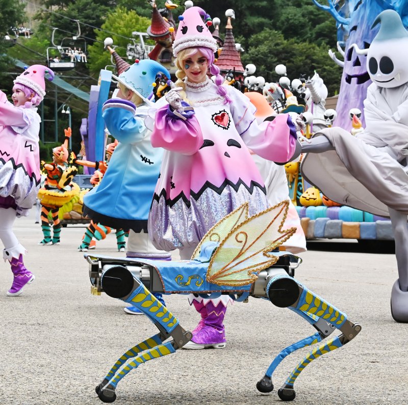 [용인=뉴시스] 김종택 기자 = 9일 경기 용인시 에버랜드에서 열린 '스마일리 펌킨 퍼레이드'에서 국내 최초로 인공지능(AI) 보행 기능을 탑재한 4족보행 로봇이 음악에 맞춰 퍼포먼스를 선보이고 있다. 4족보행 로봇은 레인보우로보틱스의 'RBQ 시리즈'로, 시각정보 없이도 AI 보행만으로 계단, 경사로 등을 안정적으로 걸을 수 있고 물구나무서기, 옆발 서기 같은 고난도 동작을 구현할 수 있다. 2025.09.09. jtk@newsis.com