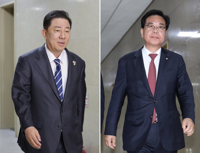 김병기 더불어민주당 원내바카라사이트 검증(왼쪽), 송언석 국민의힘 원내바카라사이트 검증가 9일 오후 서울 여의도 국회에서 여야 원내바카라사이트 검증 회동을 위해 운영위원장실로 들어서고 있다. 2025.9.9/뉴스1 ⓒ News1 신웅수 기자