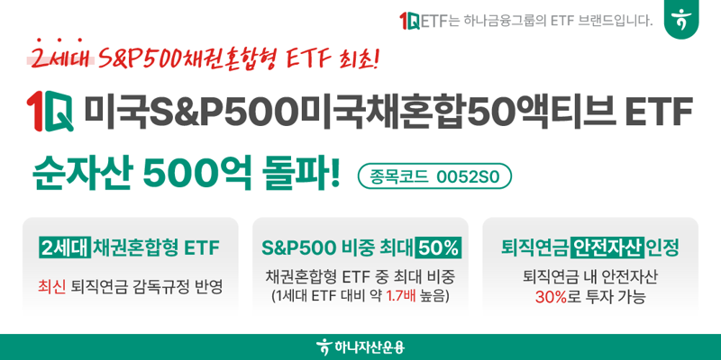 하나운용 '1Q 미국S&P500미국채혼합50액티브' 순자산 500억 돌파