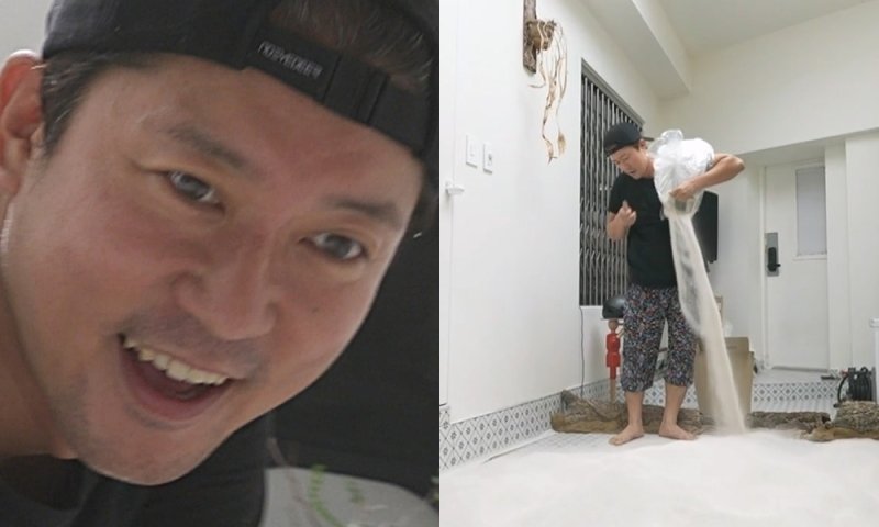 김대호, 집에서 백사장 로망 실현…모래 20박스 쏟아 만든 '대운대'
