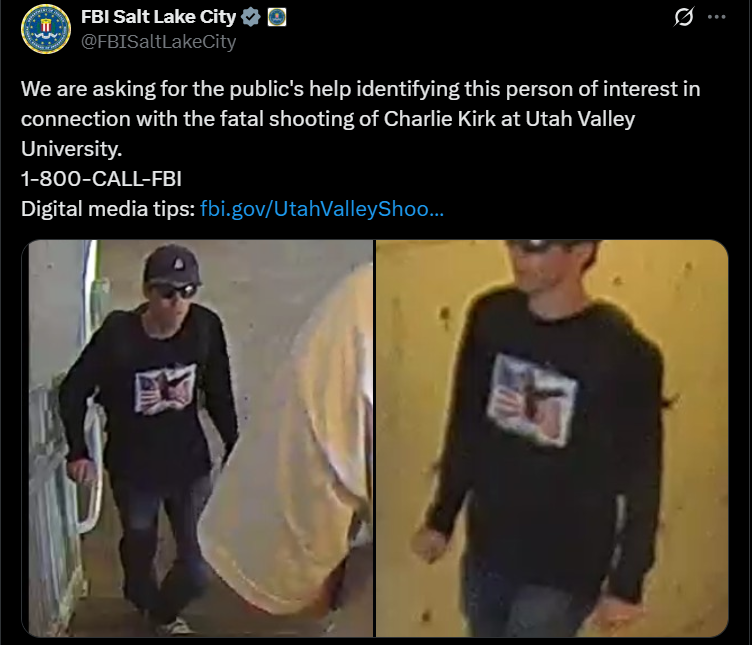 찰리 커크가 피살된 사건과 관련해 미 연방수사국(FBI)이 11일(현지시간) 용의자 수배령을 내리고 유력한 인물의 사진을 공개했다. FBI 솔트레이크시티 지부가 공개한 용의자 사진. /사진=X캡처