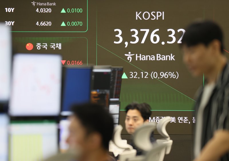 12일 서울 중구 하나은행 본점 딜링룸에서 직원들이 업무를 보고 있다. 연합뉴스 제공