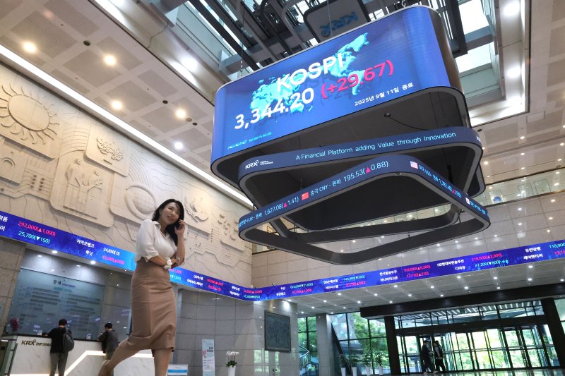 코스피 지수가 종가 기준 최고치를 경신하며 마감한 11일 오후 서울 여의도 한국거래소 현황판에 전 거래일보다 29.67포인트(0.90%)상승한 3,344.20을 나타내고 있다. 2025.9.11/뉴스1 ⓒ News1 이광호 기자