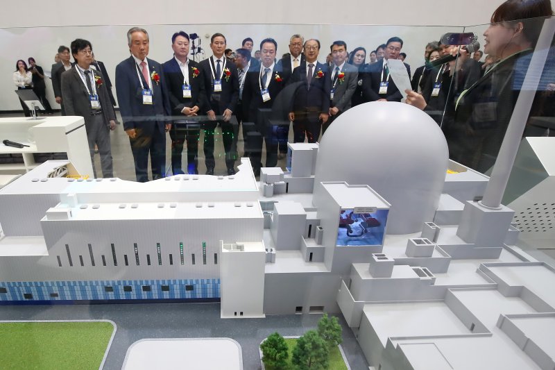 11일 대구 북구 엑스코(EXCO)에서 개막한 '2025 대한민국 전기산업 엑스포'를 찾은 내빈들이 한국수력원자력 부스에 전시된 1000㎿(메가와트)급 한국형 원전 APR1000 발전소의 핵심 구조를 표현한 모형을 살펴보며 관계자 설명을 듣고 있다.2025.6.11/뉴스1 ⓒ News1 공정식 기자