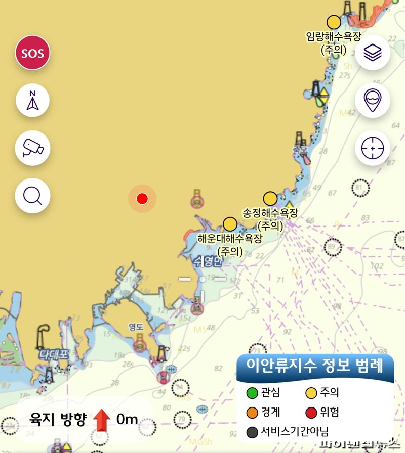 해양 기후 알리미 모바일 앱 ‘안전해(海)’가 15일 2차 업데이트를 통해 기능을 강화했다. 사진은 지도상 ‘이안류 예보지수’가 표시된 모습. 사진=기자 핸드폰 캡처