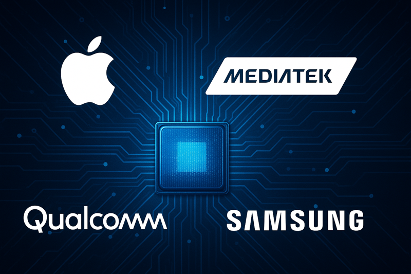 애플, 미디어텍, 퀄컴, 삼성 로고와 함께 생성한 반도체 기반 이미지. 챗GPT