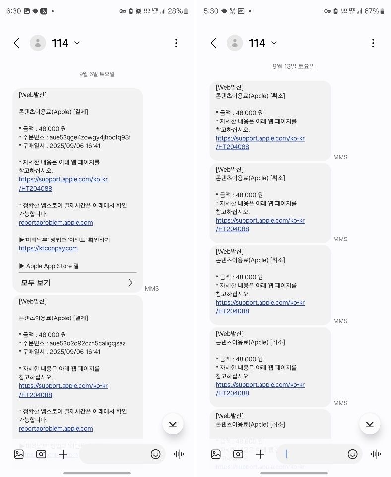 A씨가 지난 6일 탈취된 애플 아이튠즈 계정으로 KT 소액결제가 됐다며 받은 문자 메시지(왼쪽)와 일주일 뒤 결제 취소됐다는 내용이 담긴 문자 메시지. /사진=제보자 제공