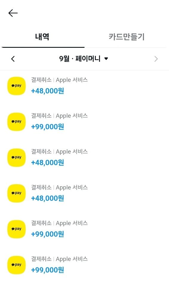 지난 6일 탈취된 A씨의 애플 아이튠즈 계정을 이용해 카카오페이로 무단 결제한 게 취소된 내역. /사진=제보자 제공