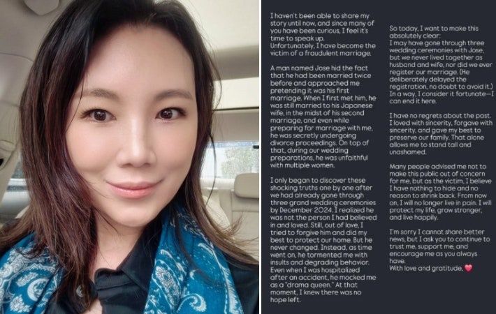 '2025 바카라사이트 솔로' 7기 영숙(왼쪽)과 사기 2025 바카라사이트 피해 사실을 알리는 그의 영어 입장문. 본인 SNS 캡처