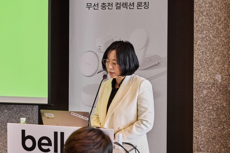 신지나 벨킨코리아 지사장이 22일 열린 기자간담회에서 인사말을 전하고 있다. 벨킨 제공