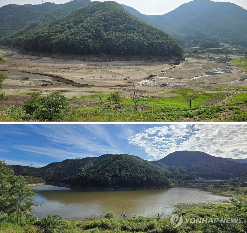 최악 가뭄 시기와 재난사태 해제된 오봉저수지 (출처=연합뉴스)