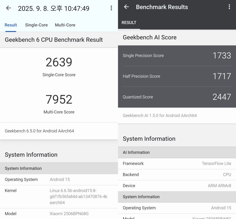 긱벤치6(왼쪽)와 긱벤치 AI로 측정한 샤오미 15T 프로 성능. 사진=구자윤 기자