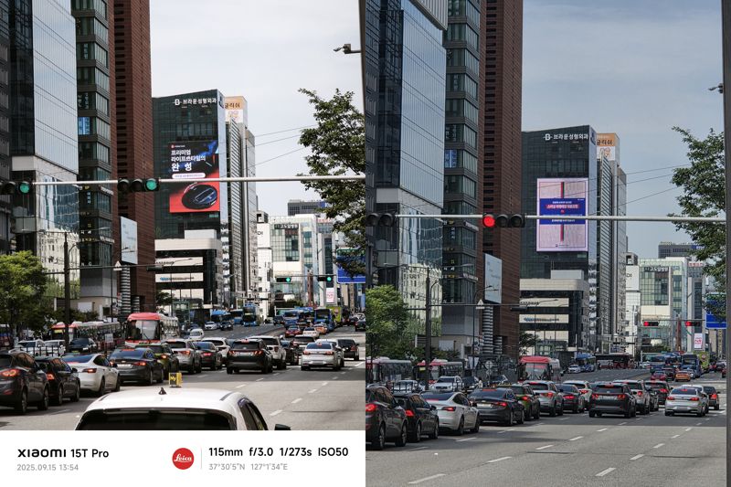 샤오미 15T 프로(왼쪽)와 갤럭시 S25+로 찍은 강남대로 모습. 사진=구자윤 기자